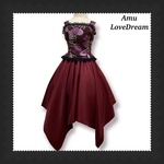 1点物* 和柄 キャミソール＆全円 イレギュラー スカート★ボルドー×紫 菊 ×黒レース(即納品)