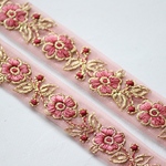 インド刺繍リボンᢂフラワーチュール【レッド】刺繍リボン 刺繍リボン トリム ブレード ジャガードリボン チロリアンテープ レース チュールレース