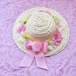 ≪ミニ麦わら帽子≫ピンクxライトグリーン(17.5cm) 小さくて可愛い♡お花たっぷり ぬい撮りにも フラワーアレンジメント