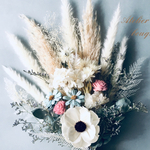 再販18🍀ミモザ追加有り🌼パンパスグラスとアネモネのブーケ　ウェディングブーケ　ブライダルブーケ　ドライフラワーブーケ　スワッグ 白いスワッグ　結婚祝い　プレゼント　前撮りブーケ　パンパスグラスブーケ