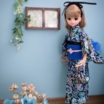 リカちゃん服 浴衣 【百花繚乱紺桔梗×瑠璃色兵児帯】リカちゃん着物