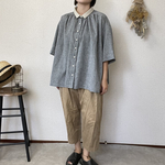 ✳︎さらっと綿麻ダンガリー✳︎ふんわりギャザーのチビ襟切り替えくるみ釦ブラウス