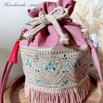 m~kao-s0915様オーダー♡♡  専用ページ　♡♡  インド刺繍　巾着丸底バッグ　ピンク　内布マスタード