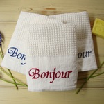 bonjour刺繍のワッフルリネンタオル -レッド-