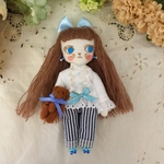 ラブリーナチュラル夢猫ちゃんいつもテディと一緒　ドールチャーム　猫人形　マスコット　ホワイトブラウス、ヒッコリーパンツコーデ350