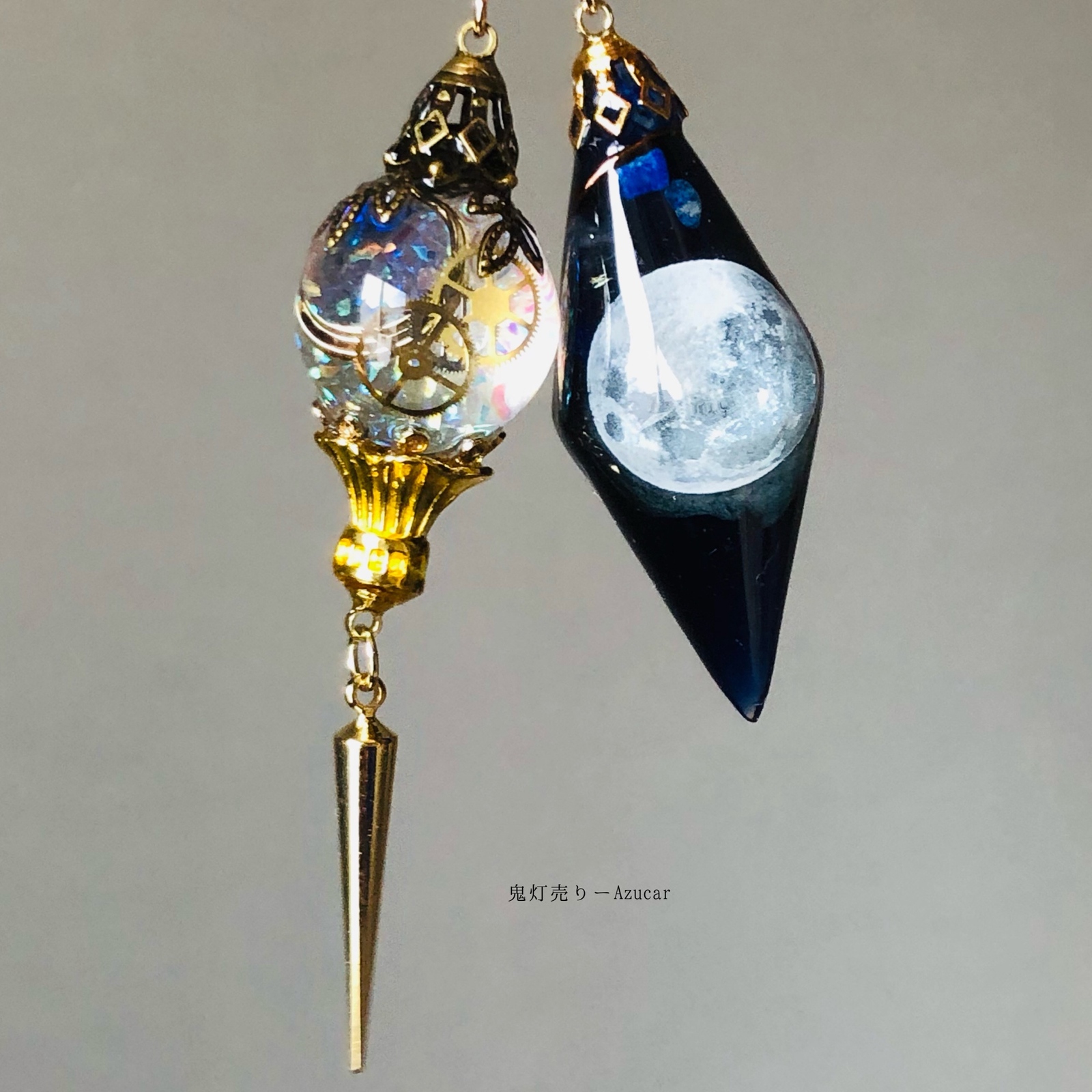 夜空に浮かぶ満月ペンデュラムと白銀三日月ランタンピアス　イヤリング　スチームパンク　蓄光宇宙　レジンメンズアクセサリーにも★ 5,586円