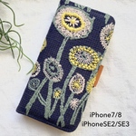 ◆完成品◆  iPhone7,8,SE2,SE3用 手帳型スマホケース ミナペルホネン  path ネイビー　スマホショルダー　
