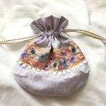 インド刺繍 リボン まんまる 丸巾着 ポーチ パープル×レース