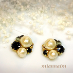 Wコットンパール&ビジューピアス★ブラック
