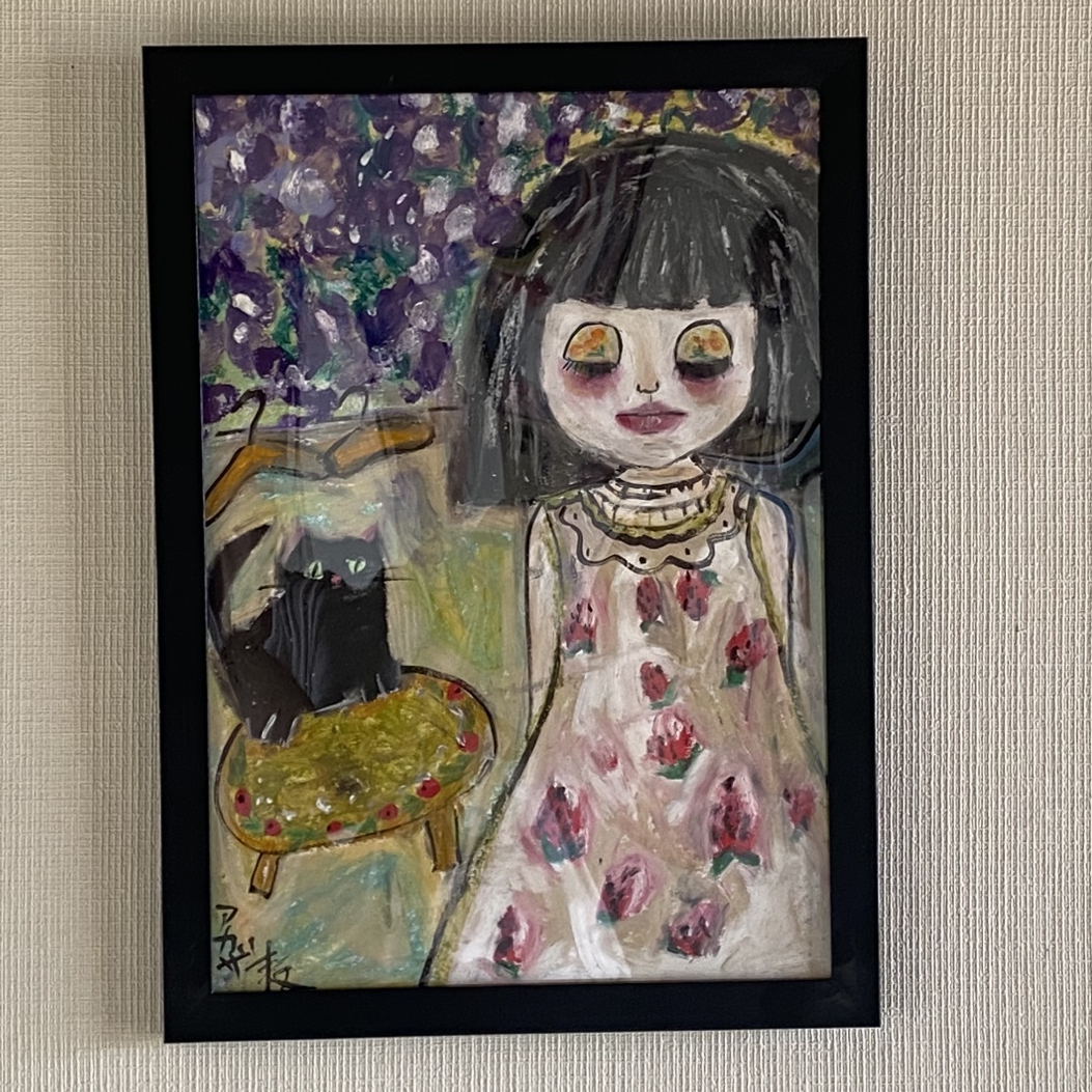 絵画 インテリア 額付( 黒) 油絵 F3-031119 祈り 子猫と女の子 猫の油絵 インテリア 絵画