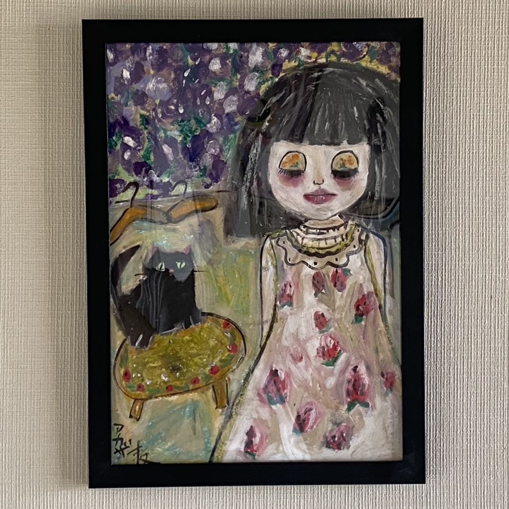 絵画 。壁掛け絵原画【いちごのスカートを着たblytheとベンチの