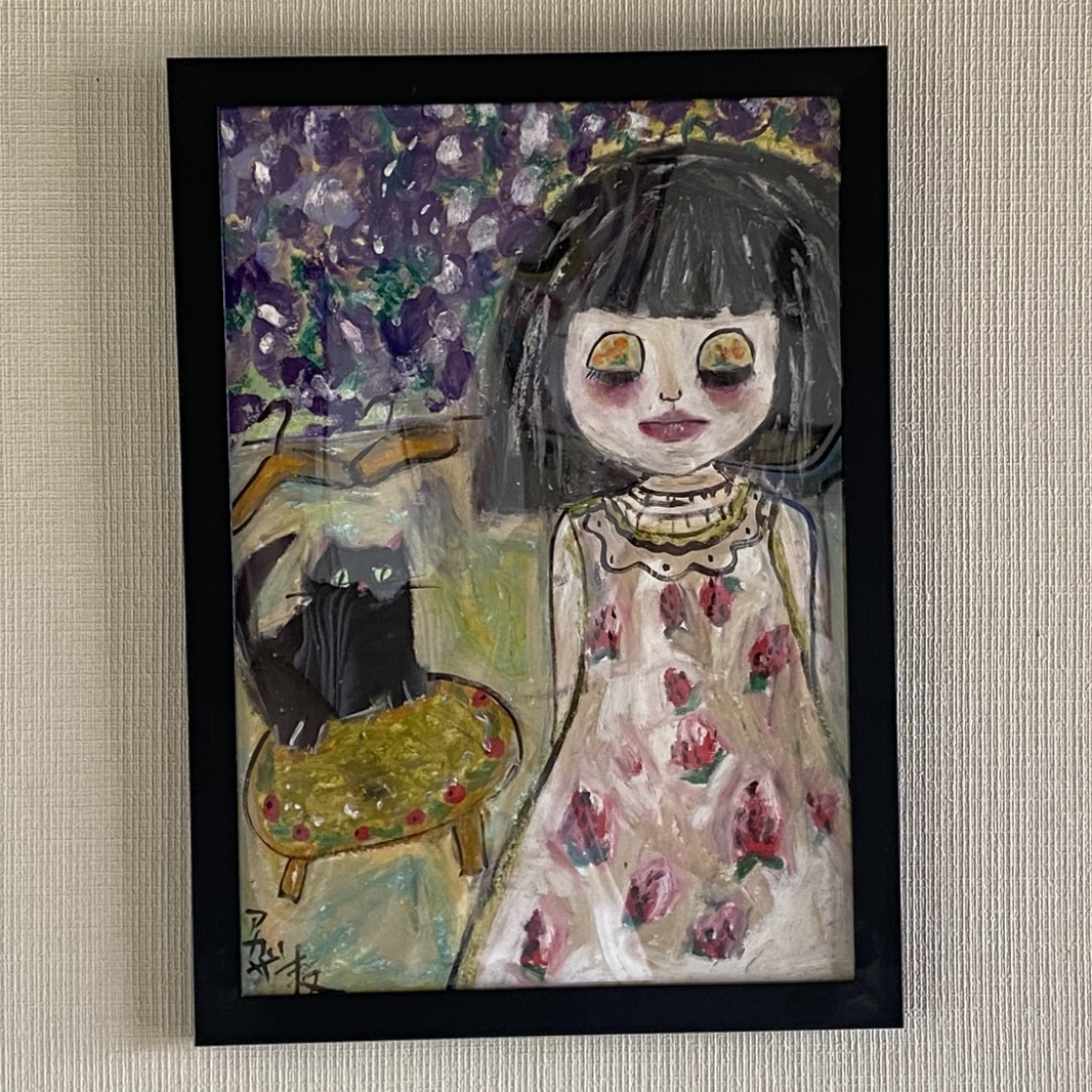 絵画。壁掛け原画【ピンクのピアノ童話とかわいい黒猫】 絵画 。壁掛け絵原画【いちごのスカートを着たblytheとベンチの