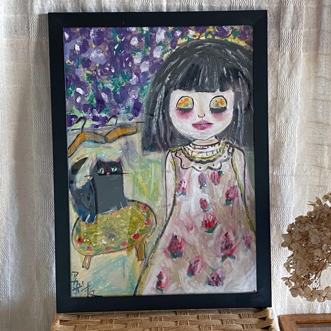 絵画 。壁掛け絵☆【猫ちゃんが丁寧に守ってくれる胡蝶蘭がもたらす幸せ】 絵画 。壁掛け絵原画【いちごのスカートを着たblytheとベンチの