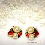 再販Ｗコットンパール&ビジューピアス★レッド