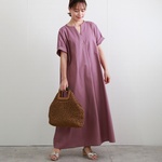 コットン キーネック フレアワンピース　グレープ　0524Pul