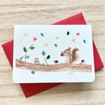 🐿透明水彩画2枚セット「りんごが好きなリス」イラストミニカード バースデーカード 紅葉 リス 秋　リンゴ　敬老の日　敬老の日カード🐿
