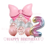 送料無料🎈2歳 大きなリボンとくすみピンクとグレーのバルーン レインボー数字 お誕生日バルーンセット 
