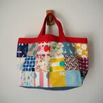 カラフル　北欧風　四角パッチ　横長トートBAG　帆布　赤　♪　アヒル　イチゴ　