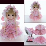 メルちゃんサイズ　ピンクイチゴ　垂れ耳ボンネット　コーデ5点セット　苺柄　フリフリコーデ　ハート柄　編み上げブラウス　ソランちゃん　レミンちゃん　コルネちゃんサイズ　ゴスロリ　ロリータ 　服