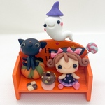 再販なし　ハロウィン　ミニベンチ　魔女　ミニチュア　粘土細工　樹脂粘土　黒猫　おばけ　かぼちゃ　こねこねくらぶ　季節飾り　イベント
