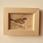 色鉛筆画　「虹へ（スズメ）」　（原画・額入り）