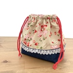 -お弁当袋-♡リボン苺×デニム♡刺繍スカラップフリル付き。
