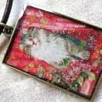 ◇3321 🥀猫と赤いお花　本革紐ネックレス🐈 ※約50㎝・１点物