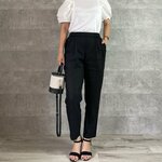  スラっと脚長シルエット♪ 上品テーパードストレッチリネンパンツ 麻 黒【L】アウトドア  KMC-505 901928