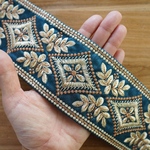 1mカット済【インド刺繍リボン】シルク　刺繍　リボン　りぼん   【ブルーカナール】