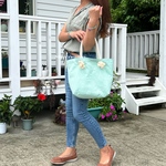 トートバッグ　40×27×13cm　ロープバッグ　エンボス生地　シェル　スターフィッシュ　ミントグリーン×ミントグリーン