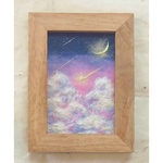 ・額付・和紙ちぎり絵『濃紺ピンクの星空とふわふわ雲』写真サイズ原画