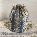 Orga bag L size 〜 2way インド刺繍リボンの丸底巾着バッグ　　濃ブルー