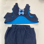 [Navy] 水色ドット柄リボン付き　aiboちゃんの8オンスデニムのイケてるシャツ&スリット入り短パン　セットアップ　完成品