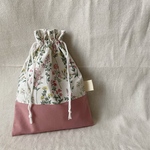 花柄×くすみピンク　マチ無し　巾着袋　給食袋　コップ袋　裏地付き