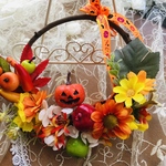 送料無料　ハロウィンリース　イエロー　オレンジカラー　アップル　木の実　ミニかぼちゃ　敬老の日ギフト