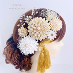 つまみ細工　髪飾り＊gold&White小枝アクセサリー＊成人式　結婚式　卒業式　七五三　振袖