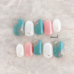 再販7♡春夏♡フェザーオレンジのブルーフラワーネイル