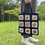 クロシェ編み　トートバッグ　ネイビー×オレンジ　秋冬バッグ