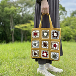 クロシェ編み　トートバッグ　からし色　黄色　秋冬バッグ