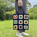 クロシェ編み　トートバッグ　ネイビー　レトロカラー　秋冬バッグ