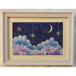 和紙ちぎり絵『三日月とふわふわ雲の星降る夜』葉書サイズ原画