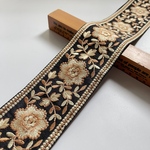 約7cm幅/刺繍リボン/黒/ブラック/光沢ベージュ刺繍