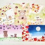 🍁透明水彩画　秋のポストカード　5枚セット イラスト　ポストカード　秋　クマ　くま　ネコ　猫　ねこ　バンビ　鹿　紅葉　うさぎ　ウサギ　月　メッセージカード　敬老の日　敬老の日カード