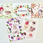 🍁透明水彩画　秋のポストカード 5枚セット　紅葉　もみじ　うさぎ　リス　りす　猫　ネコ　ねこ　ぶどう　ブドウ　メッセージカード　敬老の日　敬老の日カード　バースデーカード