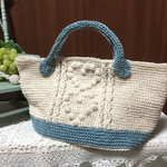 麻＊リネン手編みバック☆ハート模様＊水色ミニトート