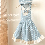 『sweet girl』リボン柄furifuriフリルこどもエプロン＆三角巾(くすみブルー)　★120〜130cm★