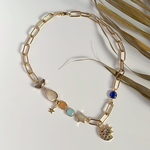 colorful design necklace［GSN069］ガラスチャーム　　　ステンレス　ゴールドネックレス  個性的  ジルコニア　太陽　月　夏