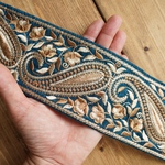 1mカット済【インド刺繍リボン】シルク　刺繍　リボン　りぼん   【ブルーカナール】
