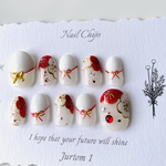 Jurtom 1ネイルチップ／赤白梅風フラワー　リボン和柄ネイル／成人式ネイル／ブライダルネイル／赤ネイル／フレンチネイル