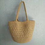花網み模様の麻ひもバック（Ｌ＋）マーガレット柄の内布、ポケット、マグネットホック、バッグ底板付き